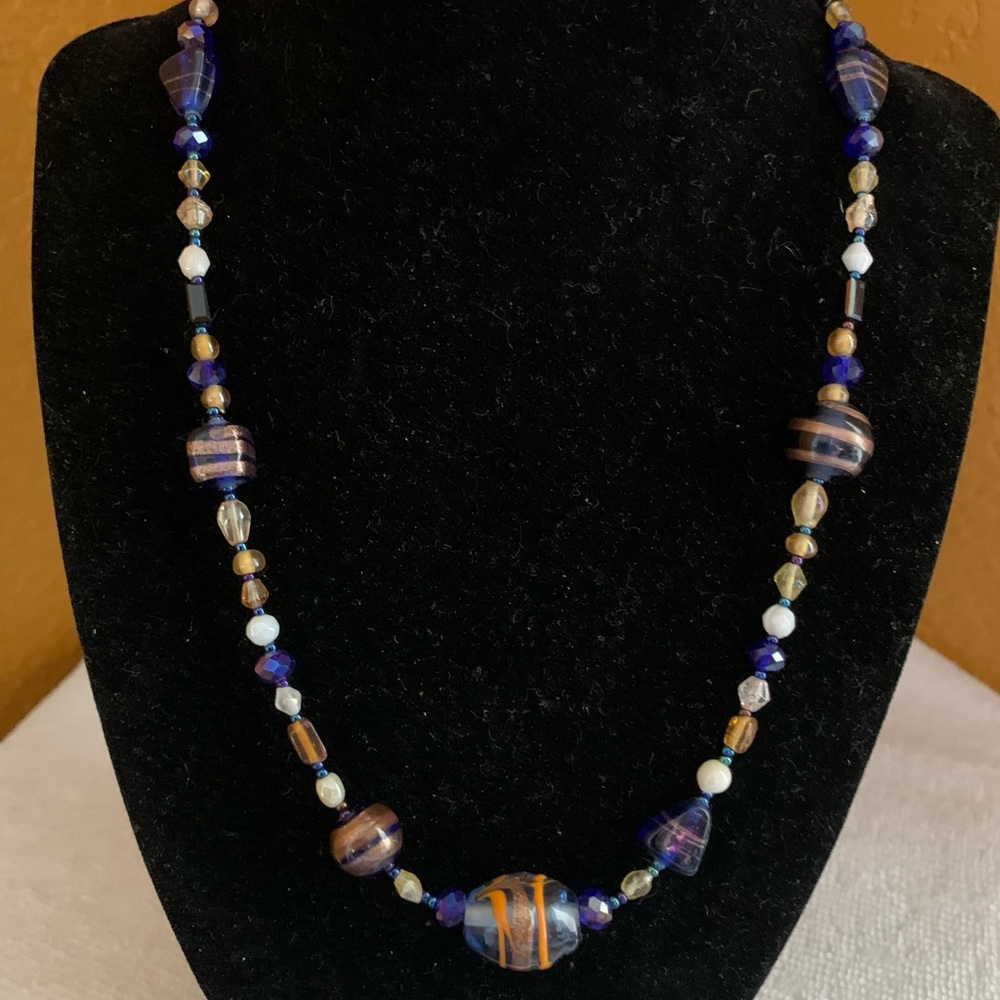 Blue, gold, and white multicolor glass necklace